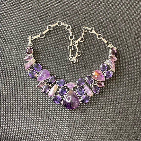 Charoite Necklace with Faceted Amethyst, Charoite and Biwa Pearl Bib Necklace - Picture 16 of 16
